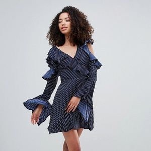 Polka dot cold shoulder dress with ruffle sleeves